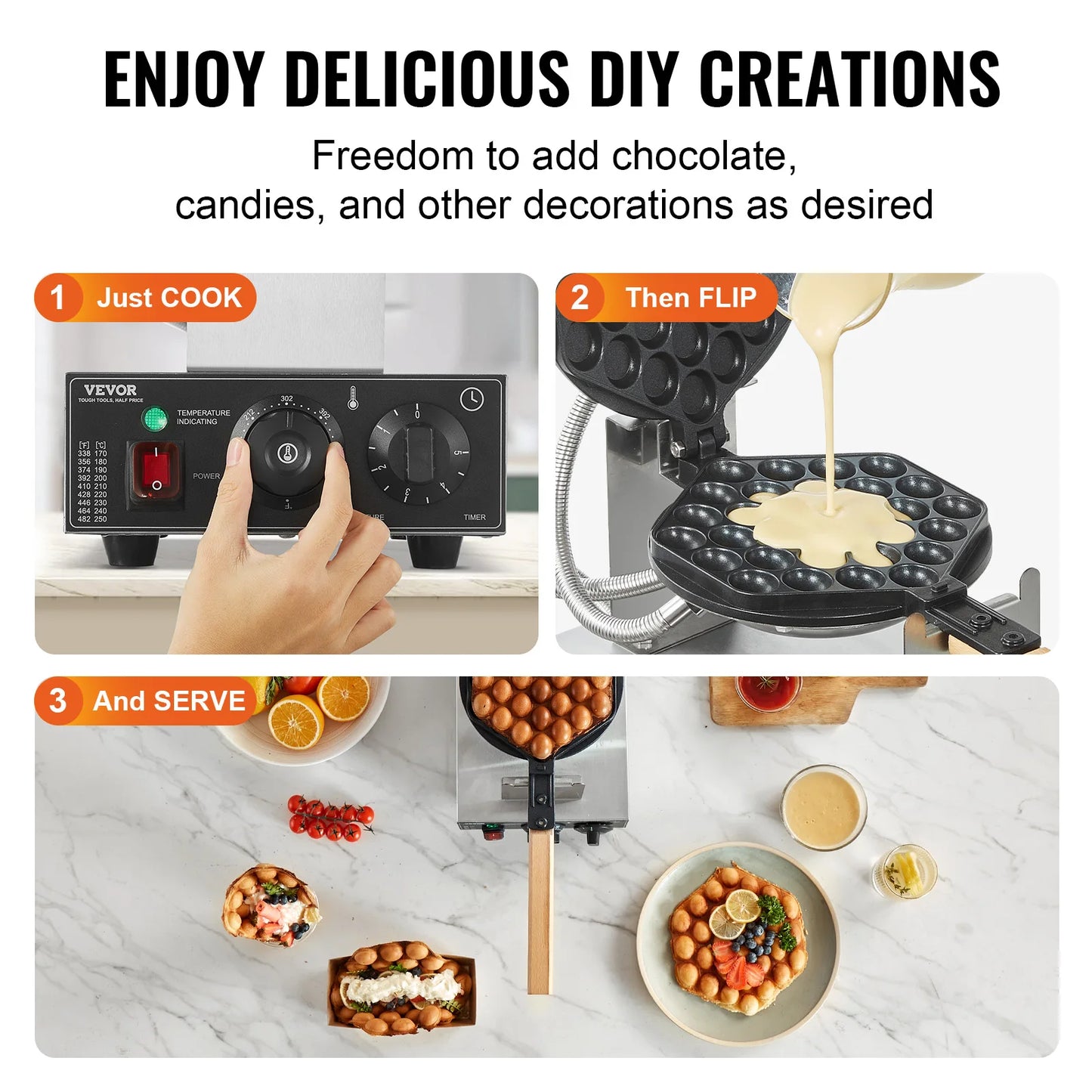 1400W Commercial Egg Bubble Waffle Maker - Rotating Baker