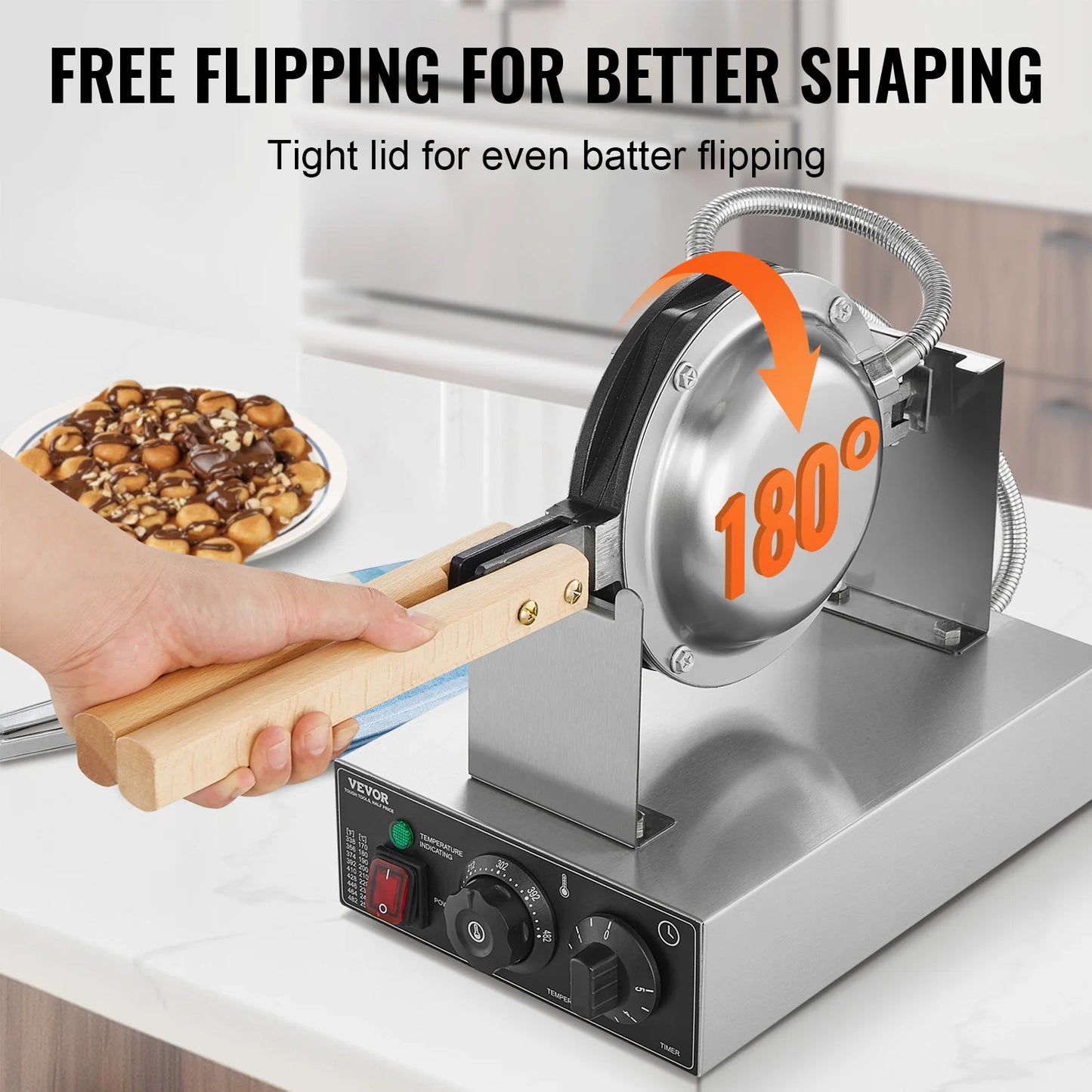 1400W Commercial Egg Bubble Waffle Maker - Rotating Baker