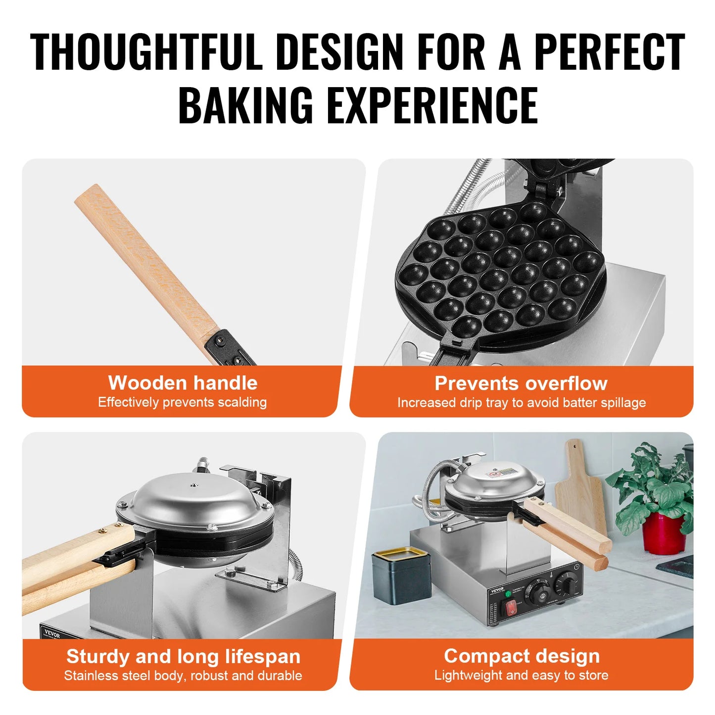 1400W Commercial Egg Bubble Waffle Maker - Rotating Baker