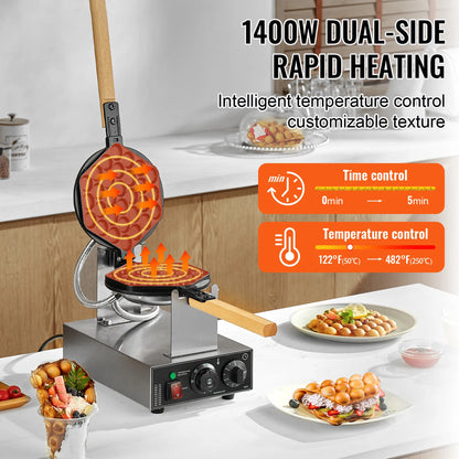 1400W Commercial Egg Bubble Waffle Maker - Rotating Baker