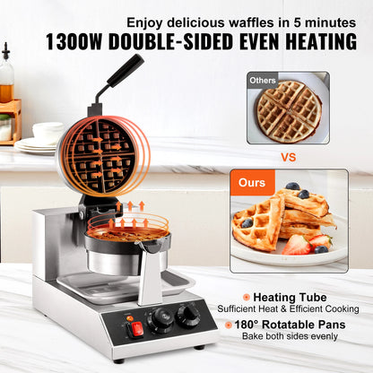 Commercial 1300W Round Waffle Maker & Iron